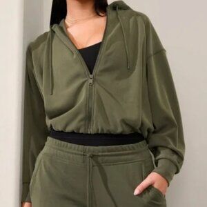 NWT Athleta Seasoft Bubble Hem Full Zip Hoodie Sweatshirt in Aspen Olive